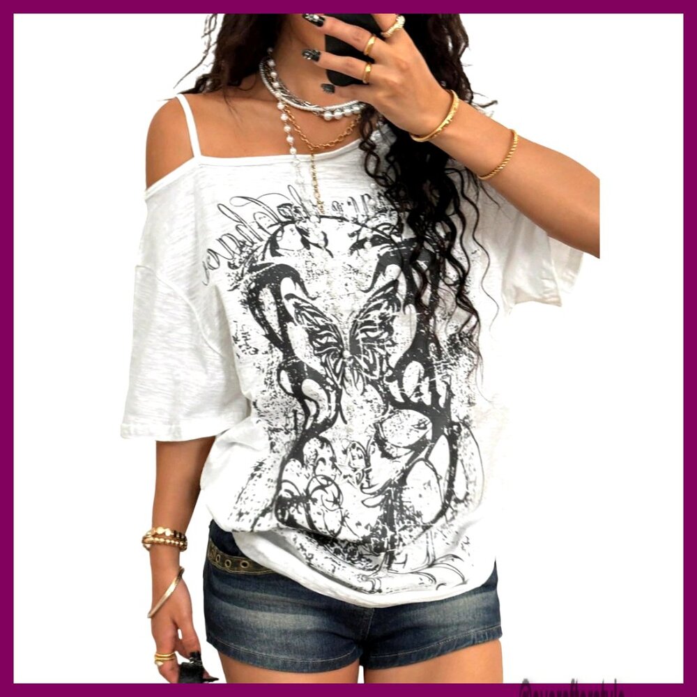 Oversized Off Shoulder Graphic Tee Y2K Streetwear Vintage Edgy Loose Fit